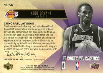 2008-09 Upper Deck Premier - Attractions Autographs Jerseys #AT-KB Kobe Bryant Back