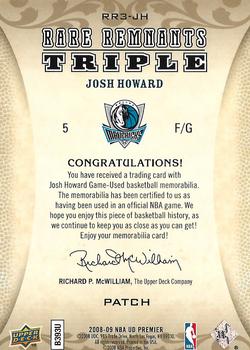2008-09 Upper Deck Premier - Rare Remnants Triple Patch NBA Logo #RR3-JH Josh Howard Back