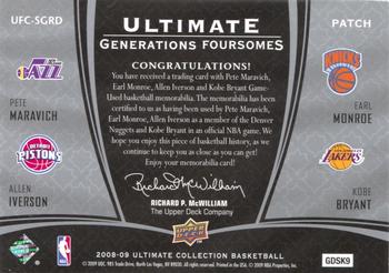 2008-09 Upper Deck Ultimate Collection - Ultimate Foursomes Generations Patches #UFC-SGRD Kobe Bryant / Earl Monroe / Allen Iverson / Pete Maravich Back