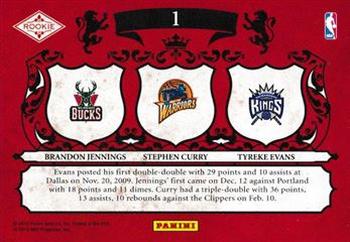 2009-10 Panini Crown Royale - Rookie Royalty #1 Brandon Jennings / Stephen Curry / Tyreke Evans Back