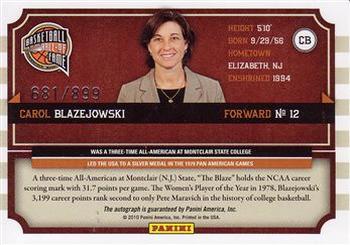 2010 Panini Hall of Fame - Famed Signatures #CB Carol Blazejowski Back