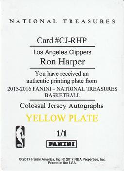 2016-17 Panini National Treasures - 2015-16 National Treasures Colossal Jersey Autographs Printing Plate Yellow #CJ-RHP Ron Harper Back