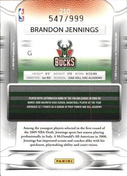 2009-10 Panini Prestige - Draft Picks Light Blue #210 Brandon Jennings Back
