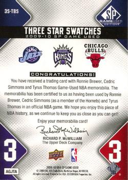 2009-10 SP Game Used - 3 Star Swatches #3S-TBS Tyrus Thomas / Ronnie Brewer / Cedric Simmons Back