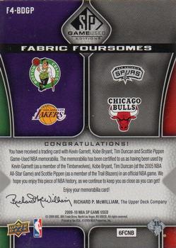 2009-10 SP Game Used - Fabric Foursome #F4-BDGP Kobe Bryant / Tim Duncan / Kevin Garnett / Scottie Pippen Back