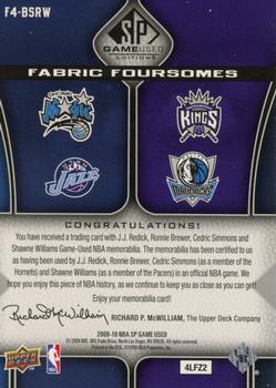 2009-10 SP Game Used - Fabric Foursome 125 #F4-BSRW Ronnie Brewer / Cedric Simmons / J.J. Redick / Shawne Williams Back