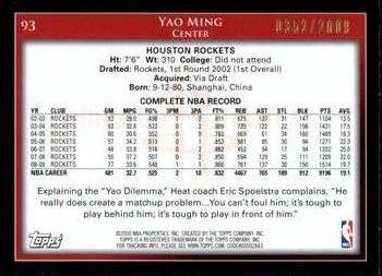 2009-10 Topps - Gold #93 Yao Ming Back