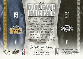 2009-10 Upper Deck - Dual Game Materials #DG-DA Tim Duncan / Carmelo Anthony Back