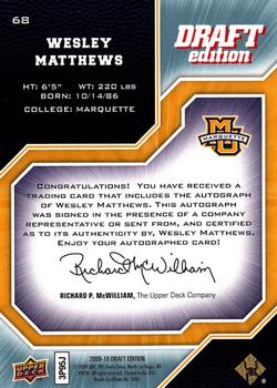 2009-10 Upper Deck Draft Edition - Autographs #68 Wesley Matthews Back