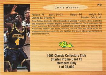 1993 Classic Draft Picks - Classic Collectors Club Charter Promo #PR2 Chris Webber Back
