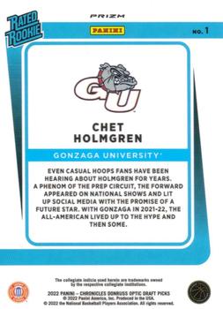 2022 Panini Chronicles Draft Picks - Donruss Optic Rated Rookie Holo #1 Chet Holmgren Back