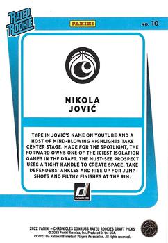 2022 Panini Chronicles Draft Picks - Donruss Rated Rookies #10 Nikola Jovic Back