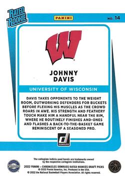 2022 Panini Chronicles Draft Picks - Donruss Rated Rookies #14 Johnny Davis Back