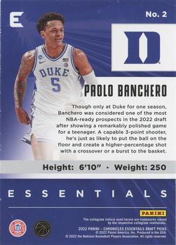 2022 Panini Chronicles Draft Picks - Essentials #2 Paolo Banchero Back