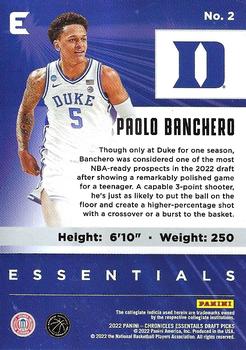 2022 Panini Chronicles Draft Picks - Essentials Black #2 Paolo Banchero Back