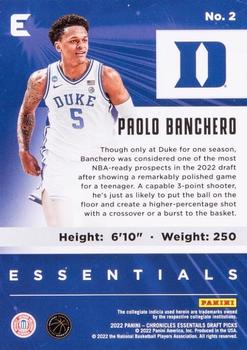 2022 Panini Chronicles Draft Picks - Essentials Blue #2 Paolo Banchero Back