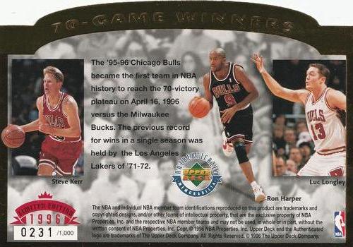 1996 Upper Deck Authenticated Chicago Bulls First 70-Game Winners (SN1000 Gold) #NNO Chicago Bulls Back