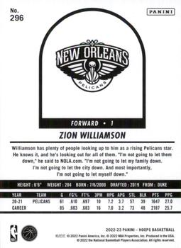 2022-23 Hoops - Blue #296 Zion Williamson Back