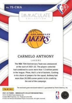 2021-22 Panini Immaculate Collection - 75th Anniversary Memorablia #75-CMA Carmelo Anthony Back