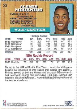 1993-94 Hoops - Promotional Panel 3 #23 Alonzo Mourning Back