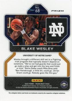 2022 Panini Prizm Draft Picks - White Sparkle #68 Blake Wesley Back