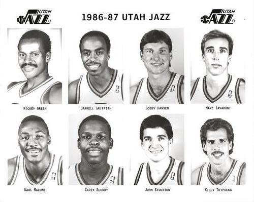 1986-87 Utah Jazz #NNO Rickey Green / Darrell Griffith / Bobby Hansen / Marc Iavaroni / Karl Malone / Carey Scurry / John Stockton / Kelly Tripucka Front