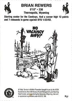 1992-93 Wyoming Cowboys Smokey #NNO Brian Rewers Back