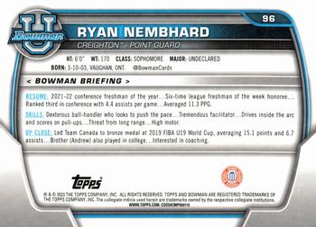 2022-23 Bowman University Chrome #96 Ryan Nembhard Back