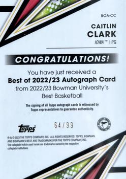 2022-23 Bowman University Best - Best of 2022 Autographs Green Refractors #BOA-CC Caitlin Clark Back