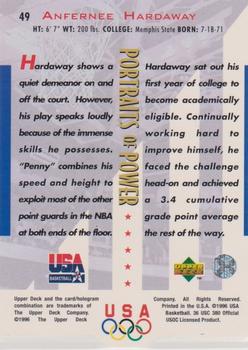 1996 Upper Deck USA - Portraits of Power Silver (Olympic Gold) #49 Anfernee Hardaway Back
