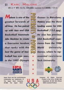 1996 Upper Deck USA - Portraits of Power Silver (Olympic Gold) #51 Karl Malone Back