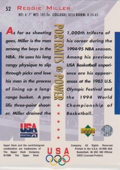 1996 Upper Deck USA - Portraits of Power Silver (Olympic Gold) #52 Reggie Miller Back