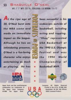1996 Upper Deck USA - Portraits of Power Silver (Olympic Gold) #53 Shaquille O'Neal Back