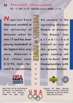 1996 Upper Deck USA - Portraits of Power Silver (Olympic Gold) #54 Hakeem Olajuwon Back