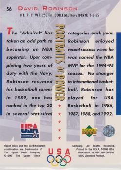 1996 Upper Deck USA - Portraits of Power Silver (Olympic Gold) #56 David Robinson Back