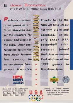1996 Upper Deck USA - Portraits of Power Silver (Olympic Gold) #58 John Stockton Back