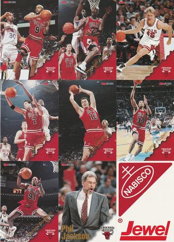 1996-97 Hoops Chicago Bulls Team Night Sheet #NNO Ron Harper / Michael Jordan / Steve Kerr / Toni Kukoc / Luc Longley / Scottie Pippen / Dennis Rodman / Phil Jackson Front