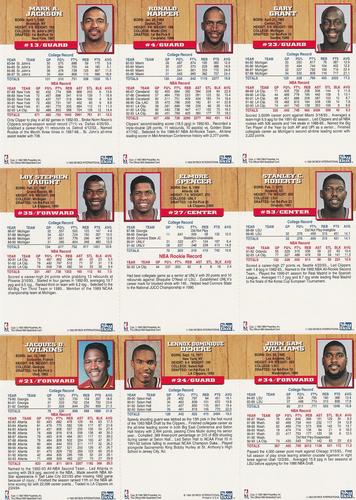 1993-94 Hoops Los Angeles Clippers Team Night Sheet SGA - Full Sheet #NNO Gary Grant / Ron Harper / Mark Jackson / Stanley Roberts / Elmore Spencer / Loy Vaught / John Williams / Terry Dehere / Dominique Wilkins Back
