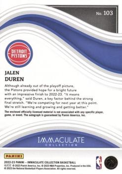 2022-23 Panini Immaculate Collection #103 Jalen Duren Back