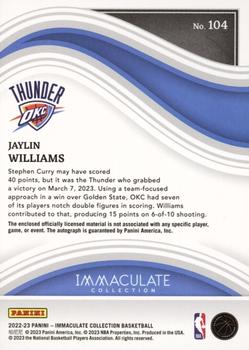 2022-23 Panini Immaculate Collection #104 Jaylin Williams Back