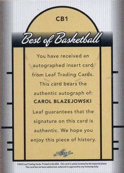 2013-14 Leaf Best of Basketball Autographs #CB1 Carol Blazejowski Back