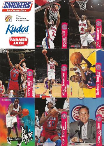1995-96 Hoops Detroit Pistons Team Night Uncut Sheet SGA #NNO Grant Hill / Joe Dumars / Terry Mills / Allan Houston / Lindsey Hunter / Theo Ratliff / Otis Thorpe / Doug Collins Front
