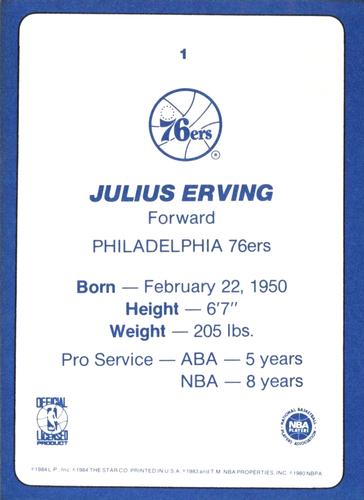 1985 Star Super Teams Philadelphia 76ers #1 Julius Erving Back