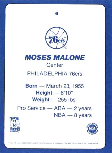 1985 Star Super Teams Philadelphia 76ers #6 Moses Malone Back