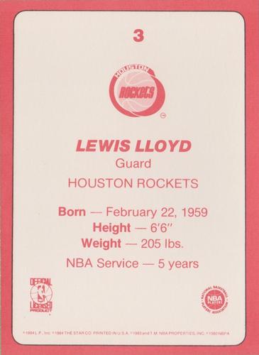 1985 Star Super Teams Houston Rockets #3 Lewis Lloyd Back