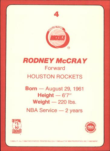 1985 Star Super Teams Houston Rockets #4 Rodney McCray Back