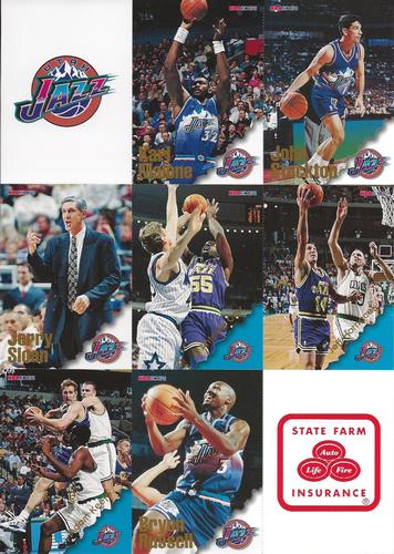1996-97 Hoops Utah Jazz Team Night Sheet SGA - Full Sheet #NNO Karl Malone / John Stockton / Jerry Sloan / Antoine Carr / Jeff Hornacek / Adam Keefe / Bryon Russell Front