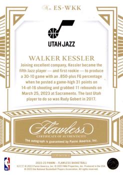2022-23 Panini Flawless - Excellence Signatures Gold #ES-WKK Walker Kessler Back