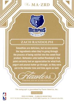 2022-23 Panini Flawless - Momentous Autographs Gold #MA-ZRD Zach Randolph Back