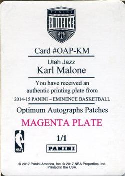2017-18 Panini National Treasures - 2014-15 Eminence Optimum Autographed Patches Printing Plates Magenta #OAP-KM Karl Malone Back